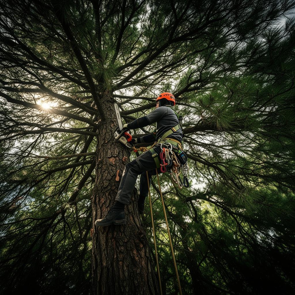 Crew clearing brush and thinning trees on a forested slope for wildfire fuel reduction